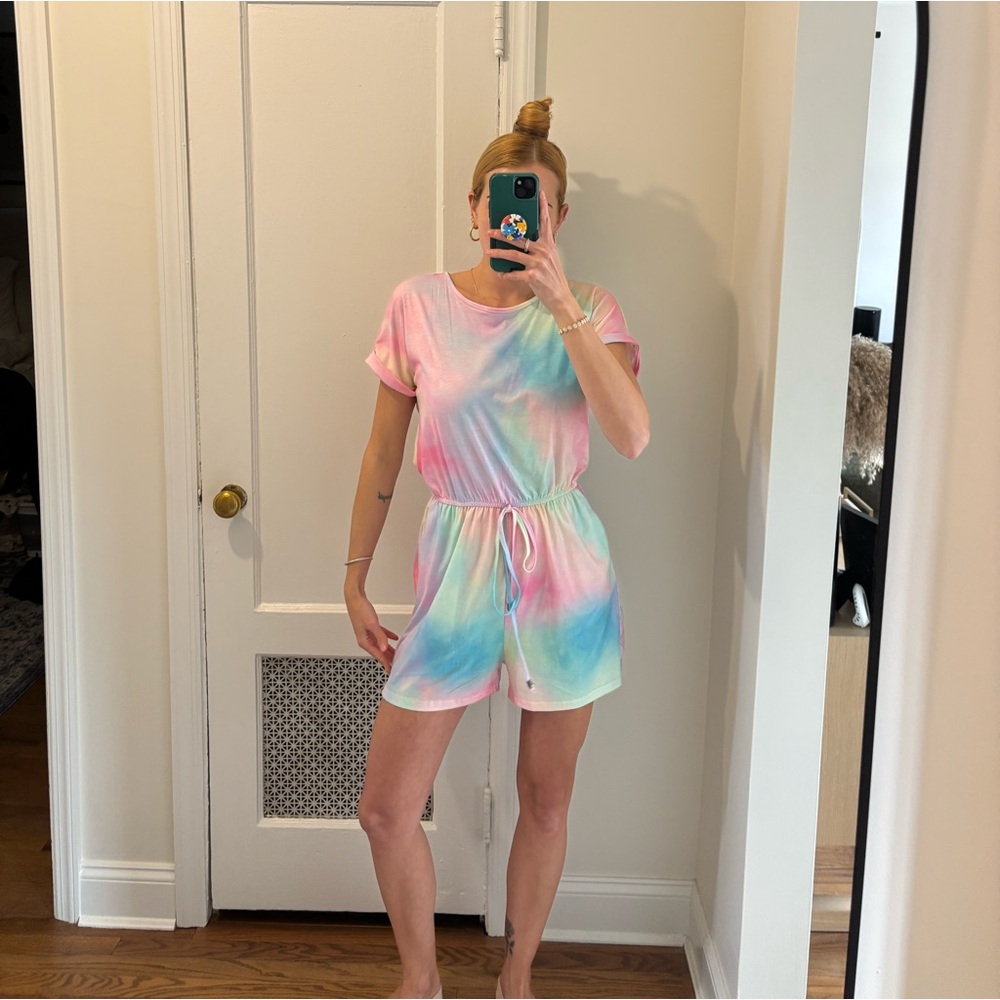 Amazon tie dye drawstring short sleeve romper
